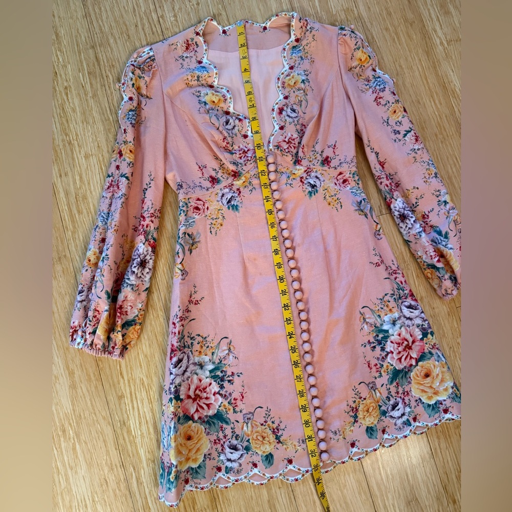 Zimmermann Zinnia Scallop Mini Dress Pink Floral Long Sleeve Linen - Size XS - Picture 14 of 15